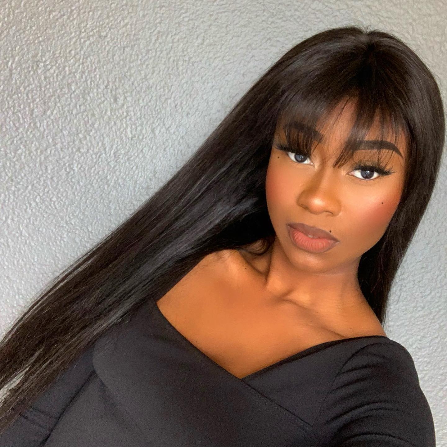 Throw On & Go Natural Black Straight No Lace Glueless Long Wig With Bangs - US Only